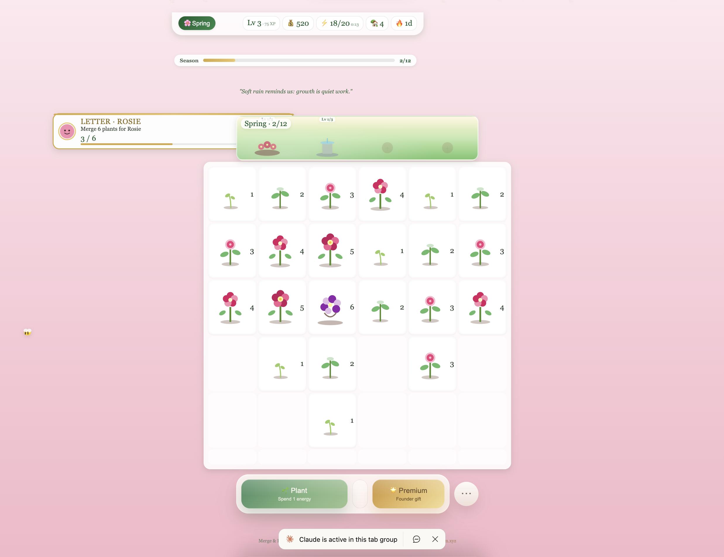 Merge & Bloom on an iPhone — spring garden board with flowers in bloom